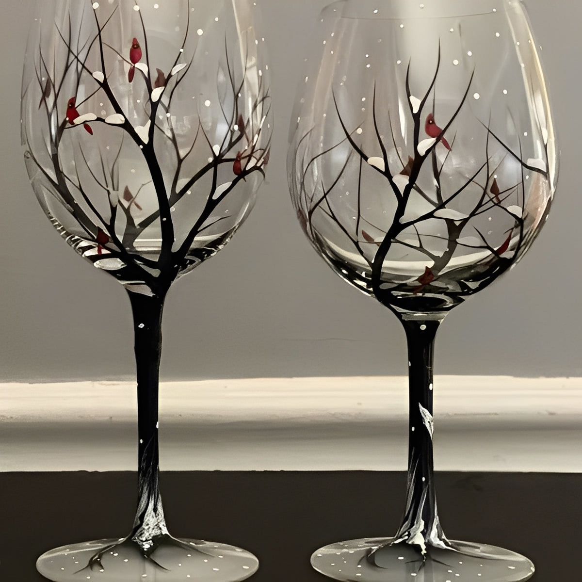 Weinbecher mit handgemaltem Jahreszeitenbaum-Motiv