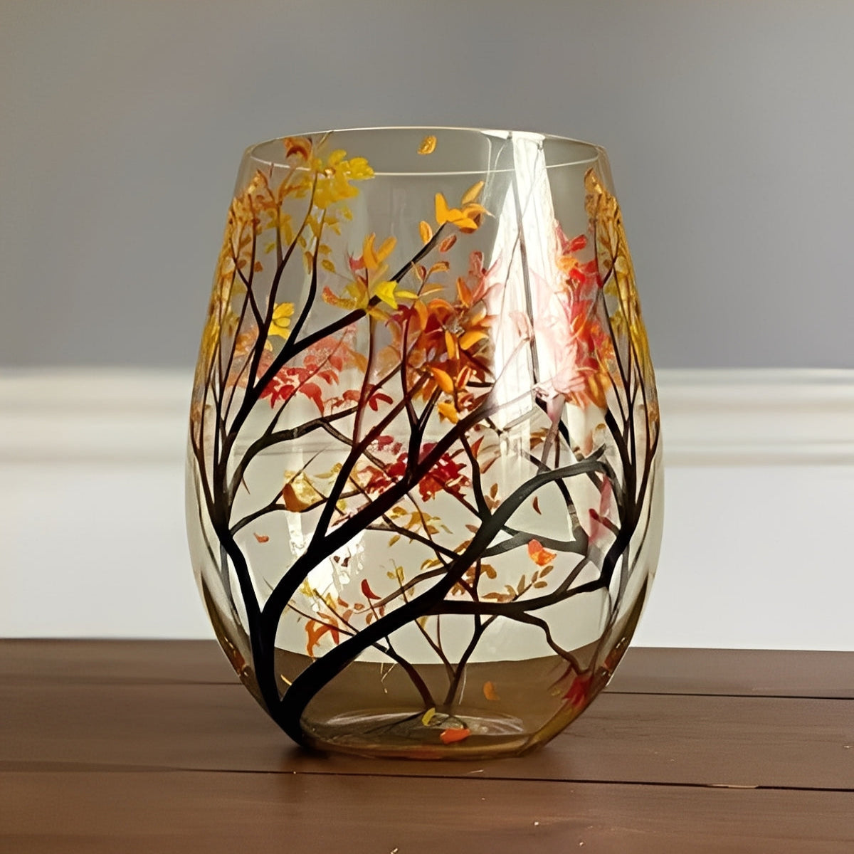 Weinbecher mit handgemaltem Jahreszeitenbaum-Motiv
