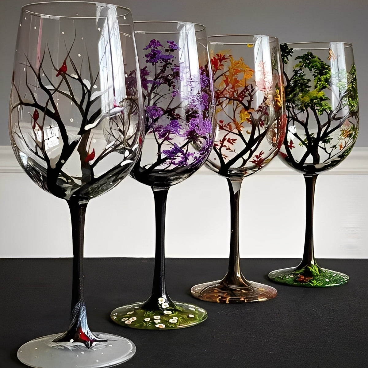 Weinbecher mit handgemaltem Jahreszeitenbaum-Motiv