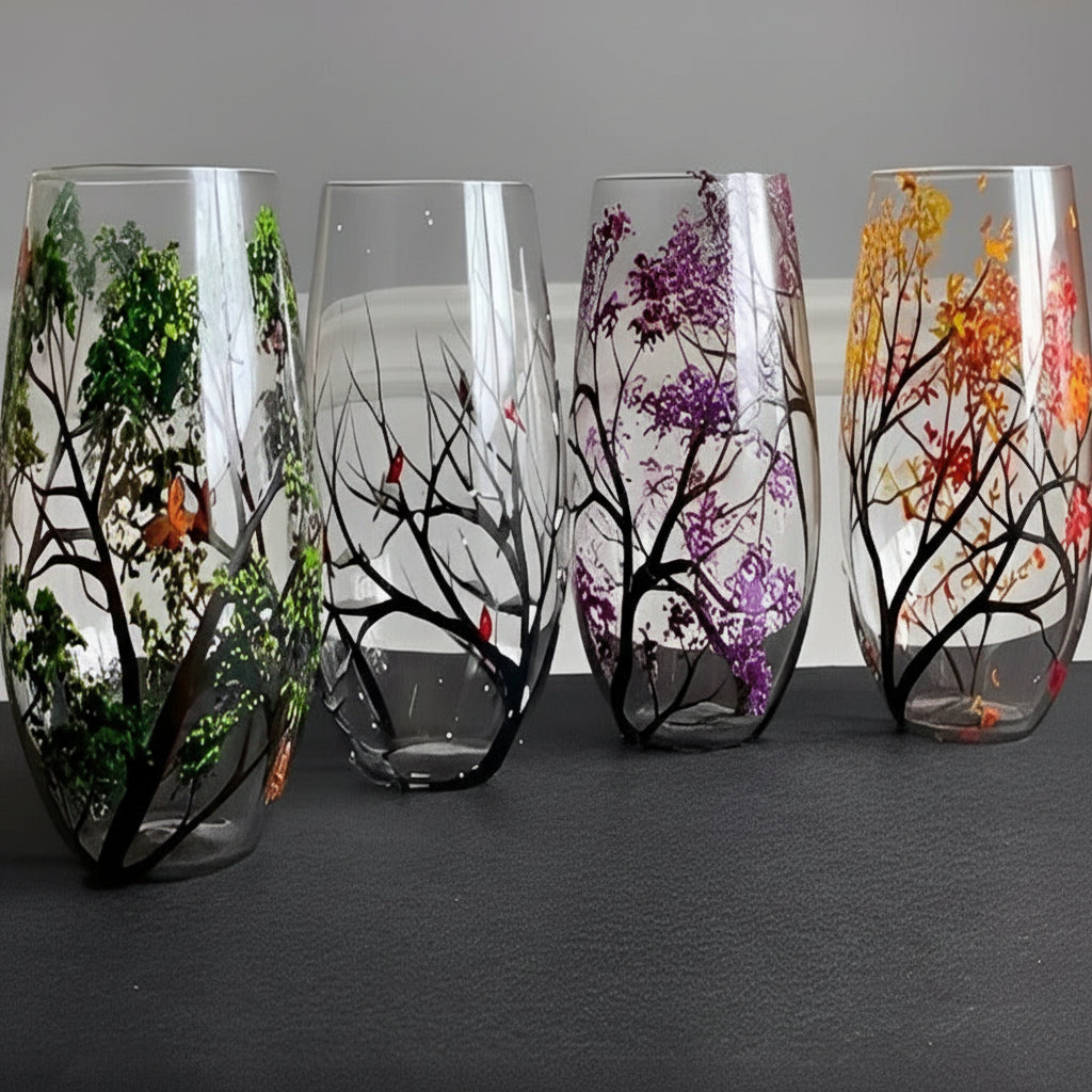 Weinbecher mit handgemaltem Jahreszeitenbaum-Motiv