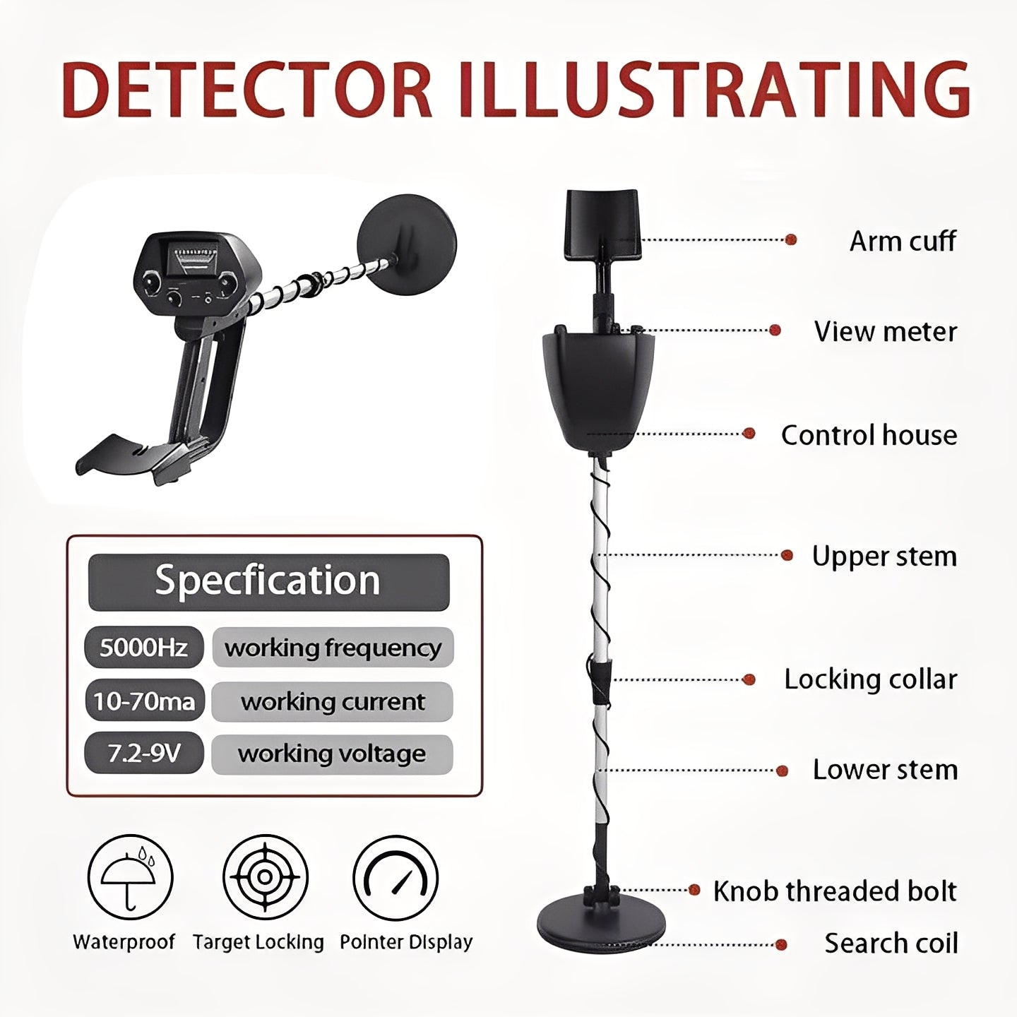 Metal detector with LCD display and adjustable handle