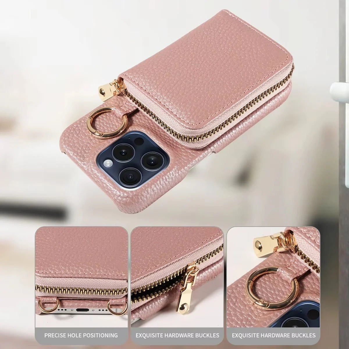 Elegante Ledertasche für iPhone mit Kartenfächern und Reißverschluss