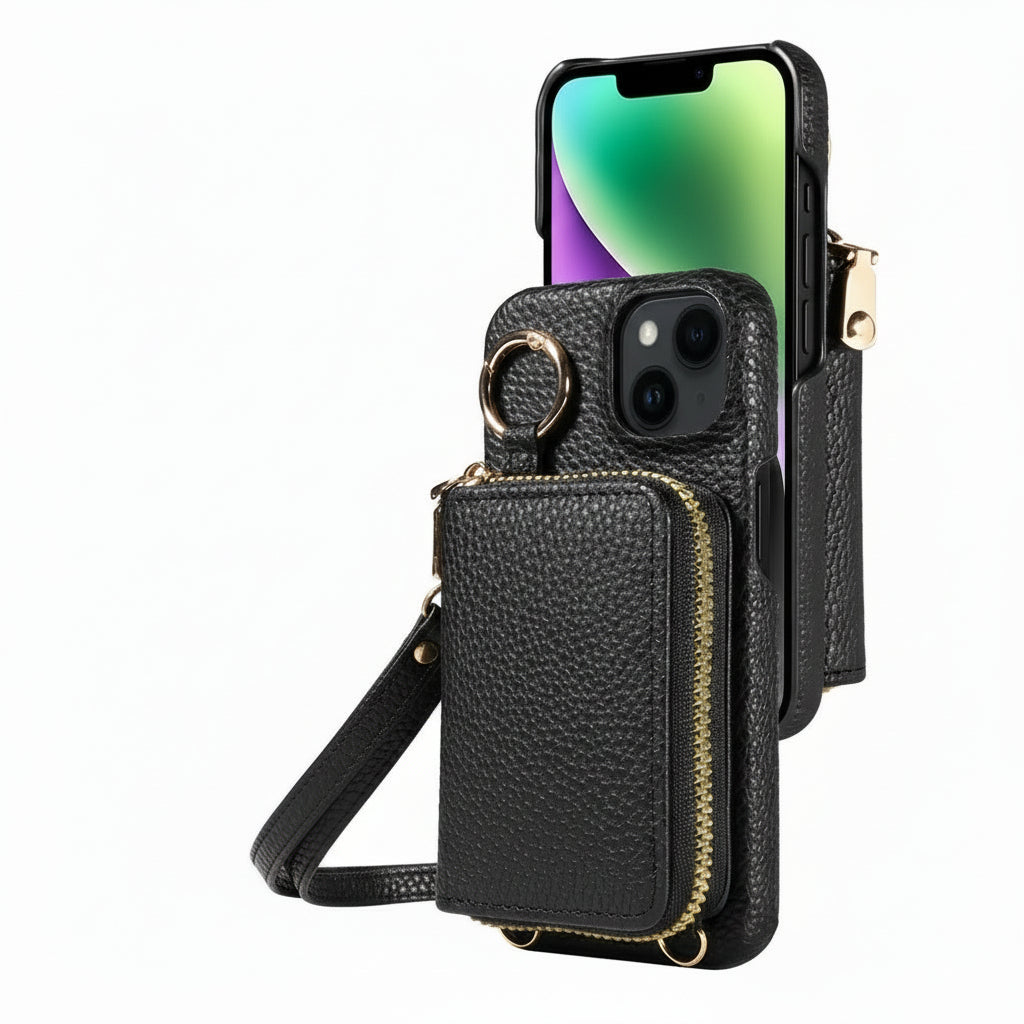 Elegante Lederhülle für iPhone mit Kartenfächern und Reißverschluss