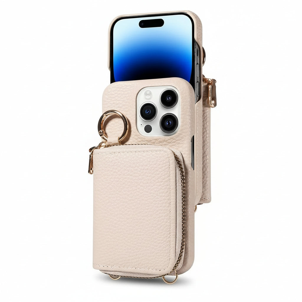 Elegante Ledertasche für iPhone mit Kartenfächern und Reißverschluss