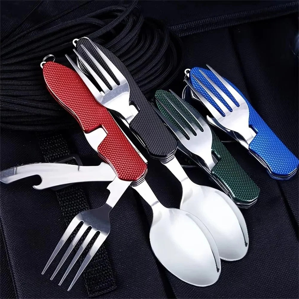 Praktisches 4-in-1 Besteckset für Camping: Gabel, Löffel, Messer und Öffner