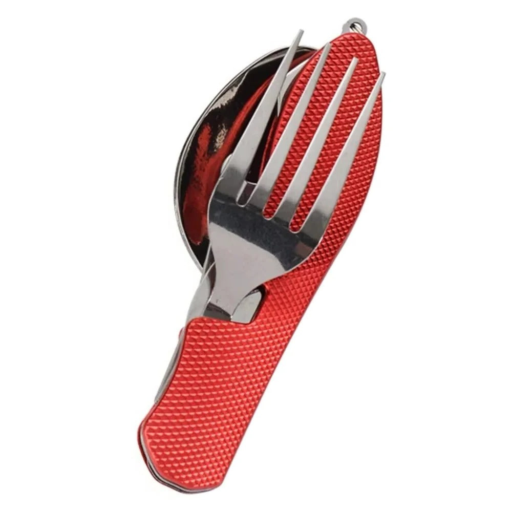 Praktisches 4-in-1 Besteckset für Camping: Gabel, Löffel, Messer und Öffner