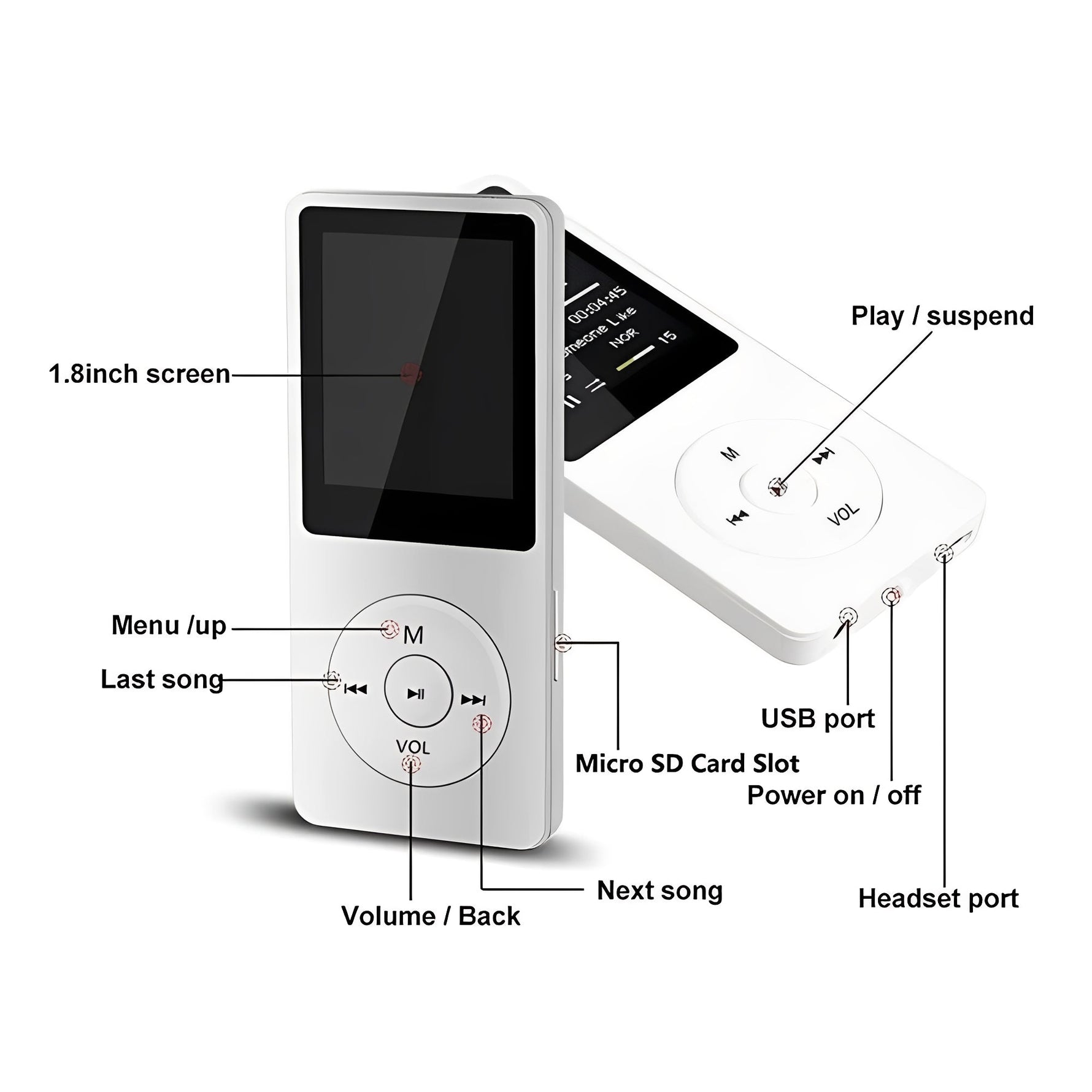 Tragbarer Musikspieler mit 1,8 Zoll Bildschirm und Bluetooth