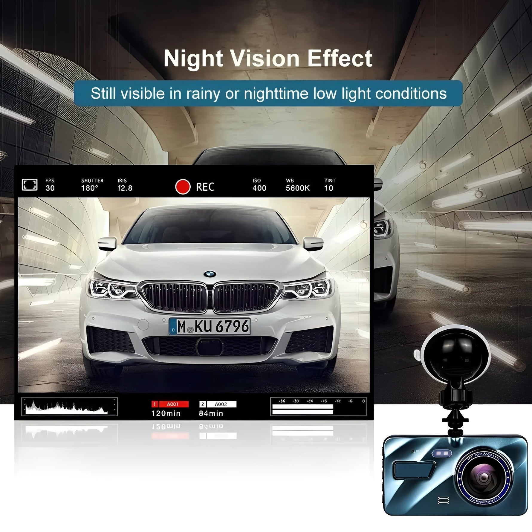 Dual-Lens Car Camera with 4-Inch Display for Comprehensive Recording