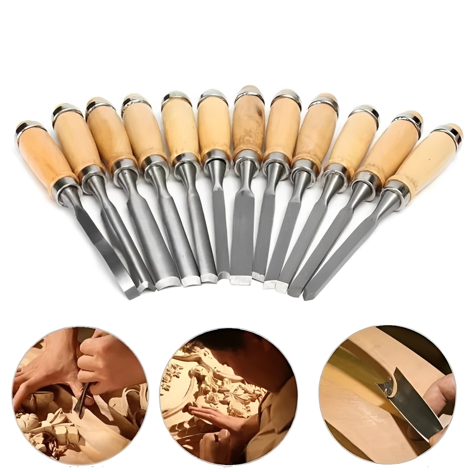 Versatile carving tool set with 12 different knives and chisels