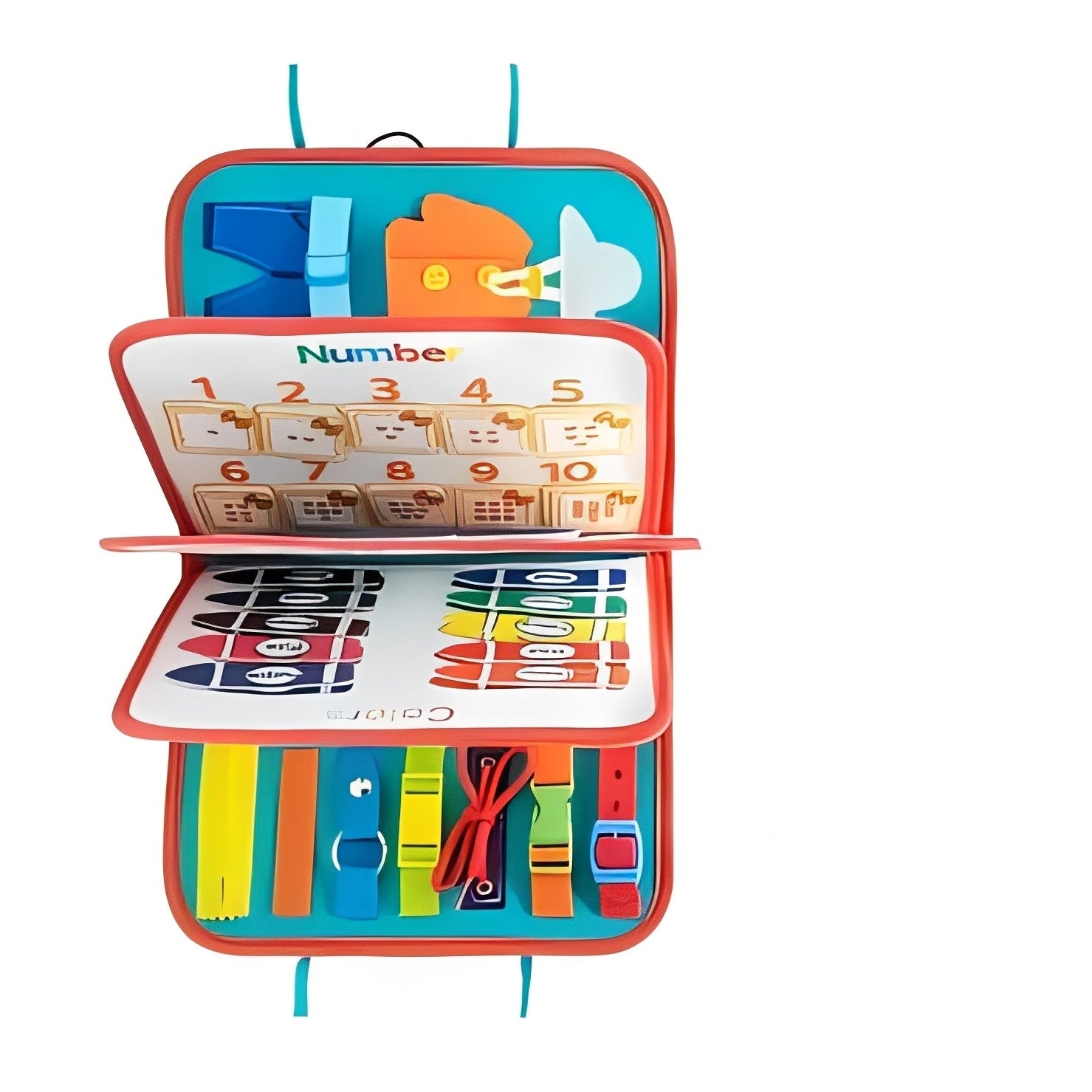 Aktivitätsboard für Kinder mit verschiedenen Texturen und beweglichen Teilen