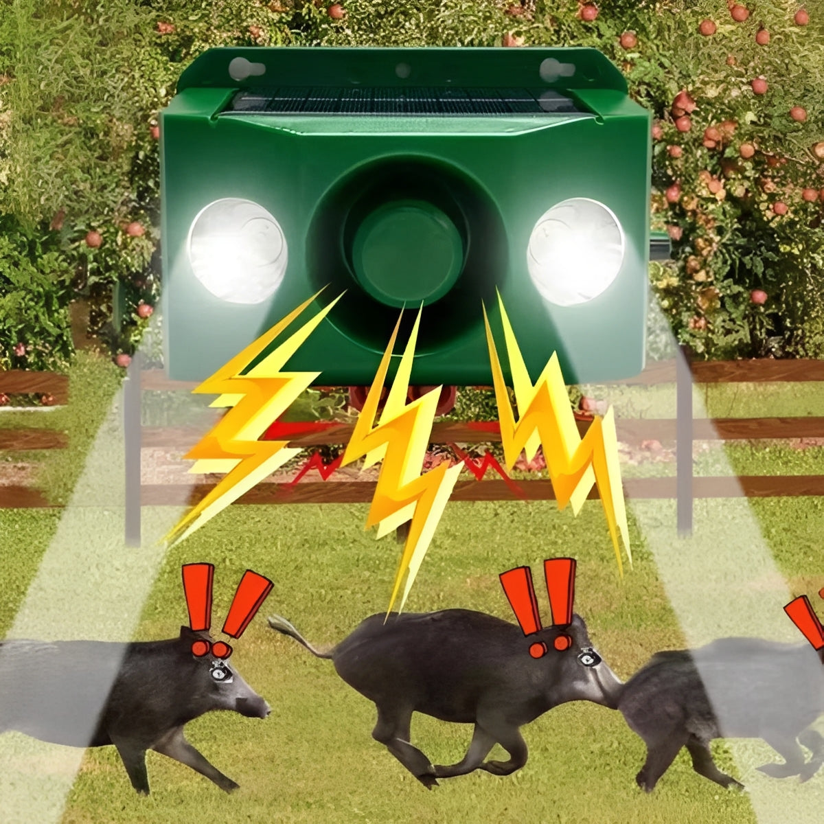 Solar-powered animal repeller with warning light system