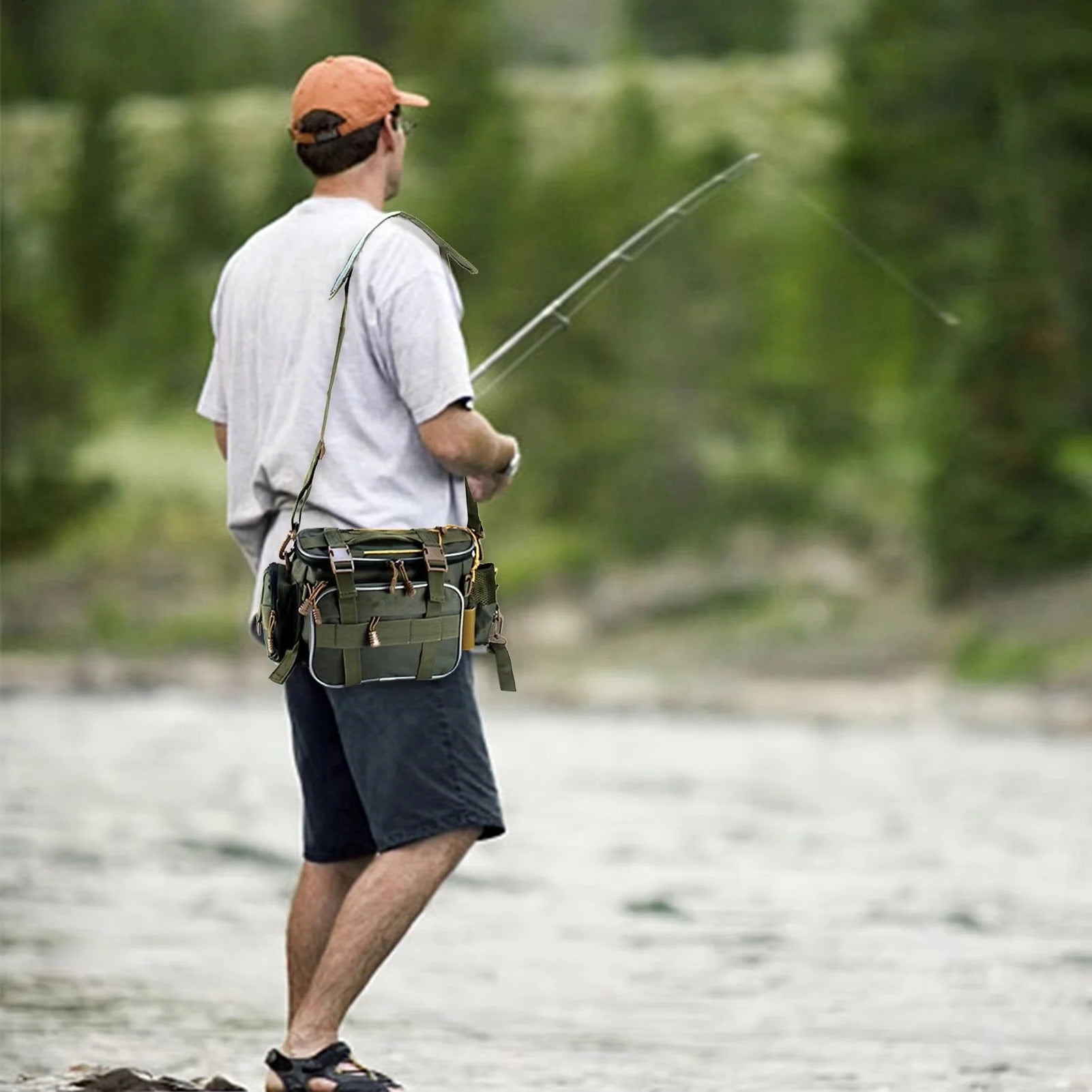 Practical fishing storage bag with compartments and carrying strap