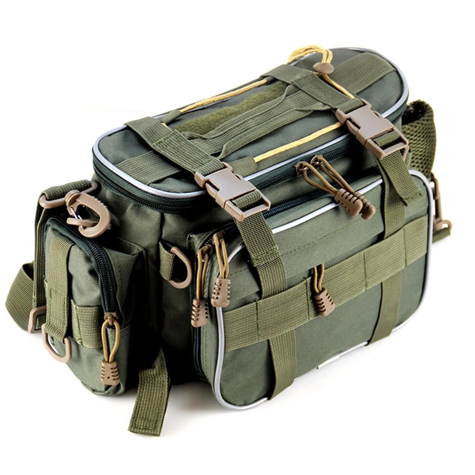 Practical fishing storage bag with compartments and carrying strap