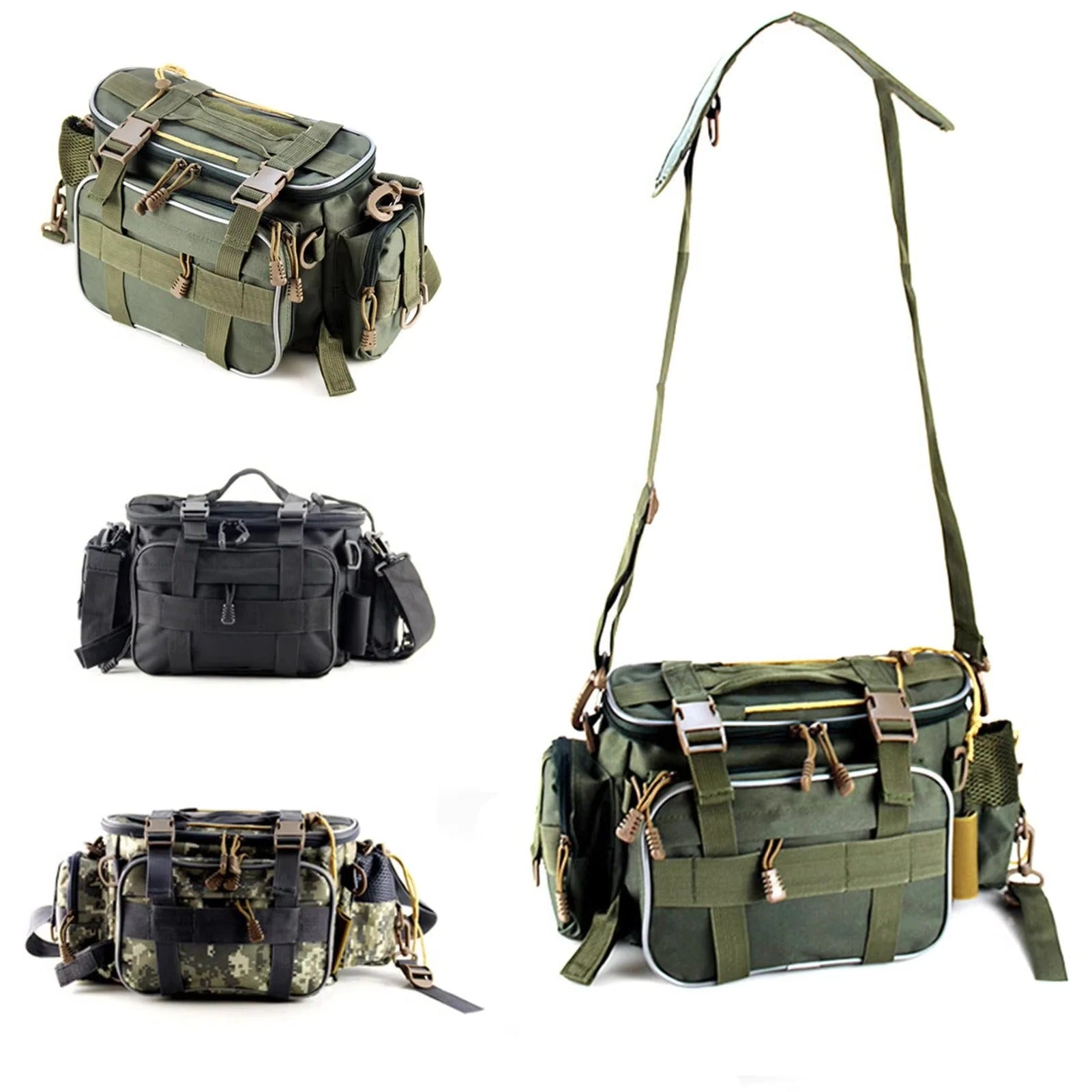 Practical fishing storage bag with compartments and carrying strap