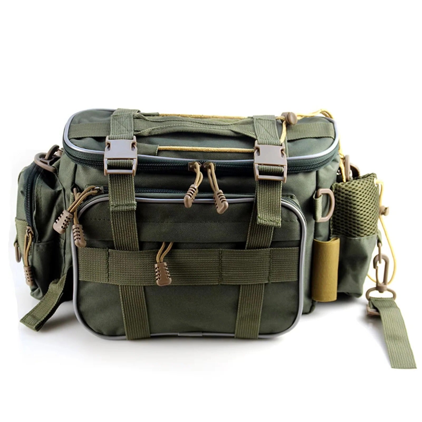 Practical fishing storage bag with compartments and carrying strap
