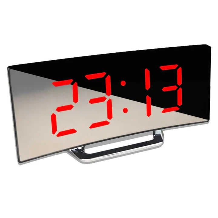 Compact alarm clock with curved LED mirror display