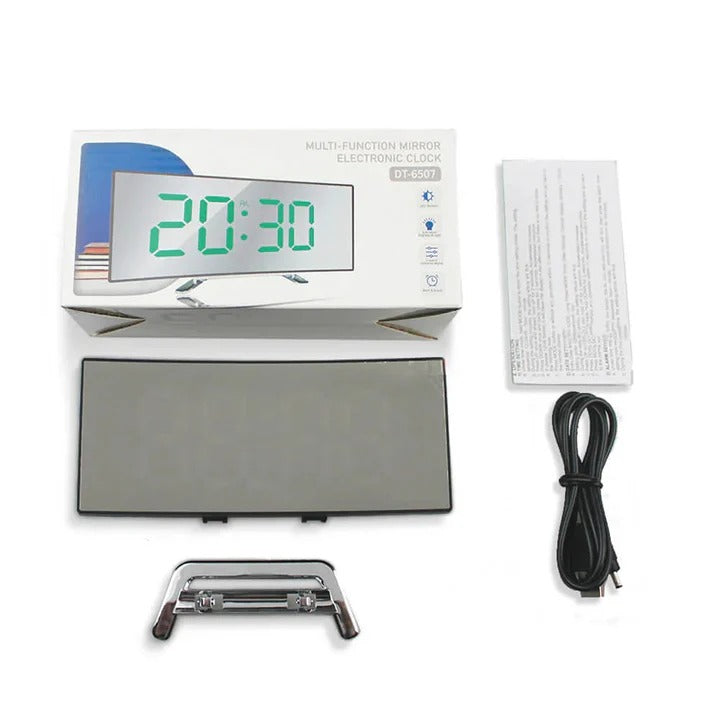 Compact alarm clock with curved LED mirror display
