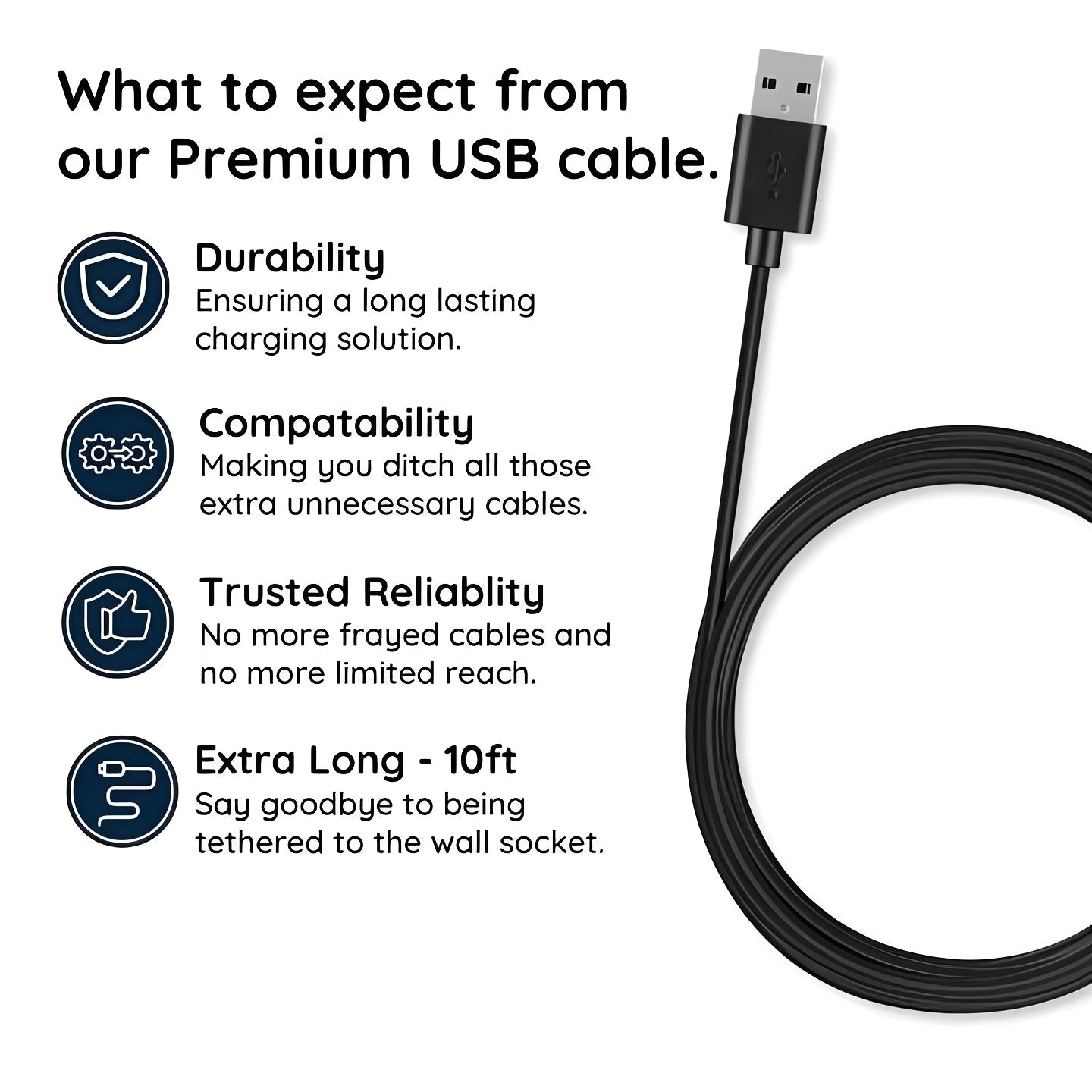 10-foot Micro-USB Charging Cable for Flexible Charging