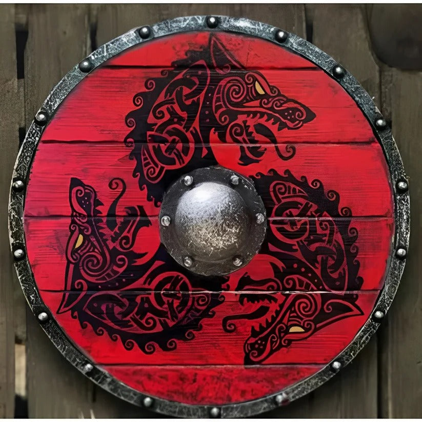 Round wooden shield in medieval style with unique patterns