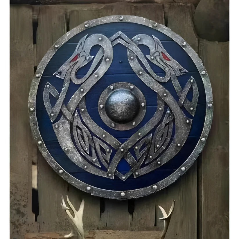 Round wooden shield in medieval style with unique patterns