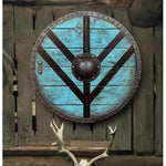 Round wooden shield in medieval style with unique patterns