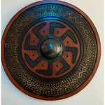 Round wooden shield in medieval style with unique patterns
