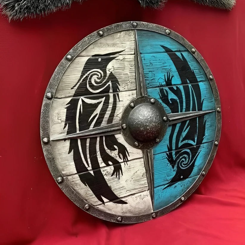 Round wooden shield in medieval style with unique patterns