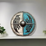 Round wooden shield in medieval style with unique patterns