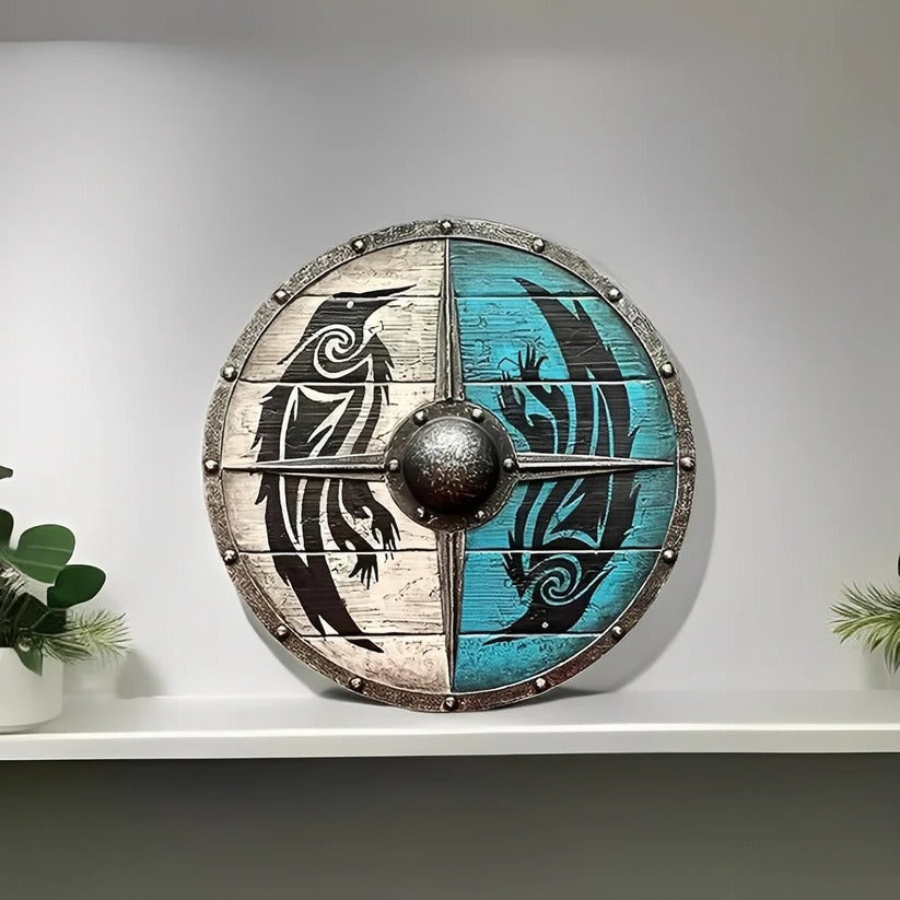 Round wooden shield in medieval style with unique patterns