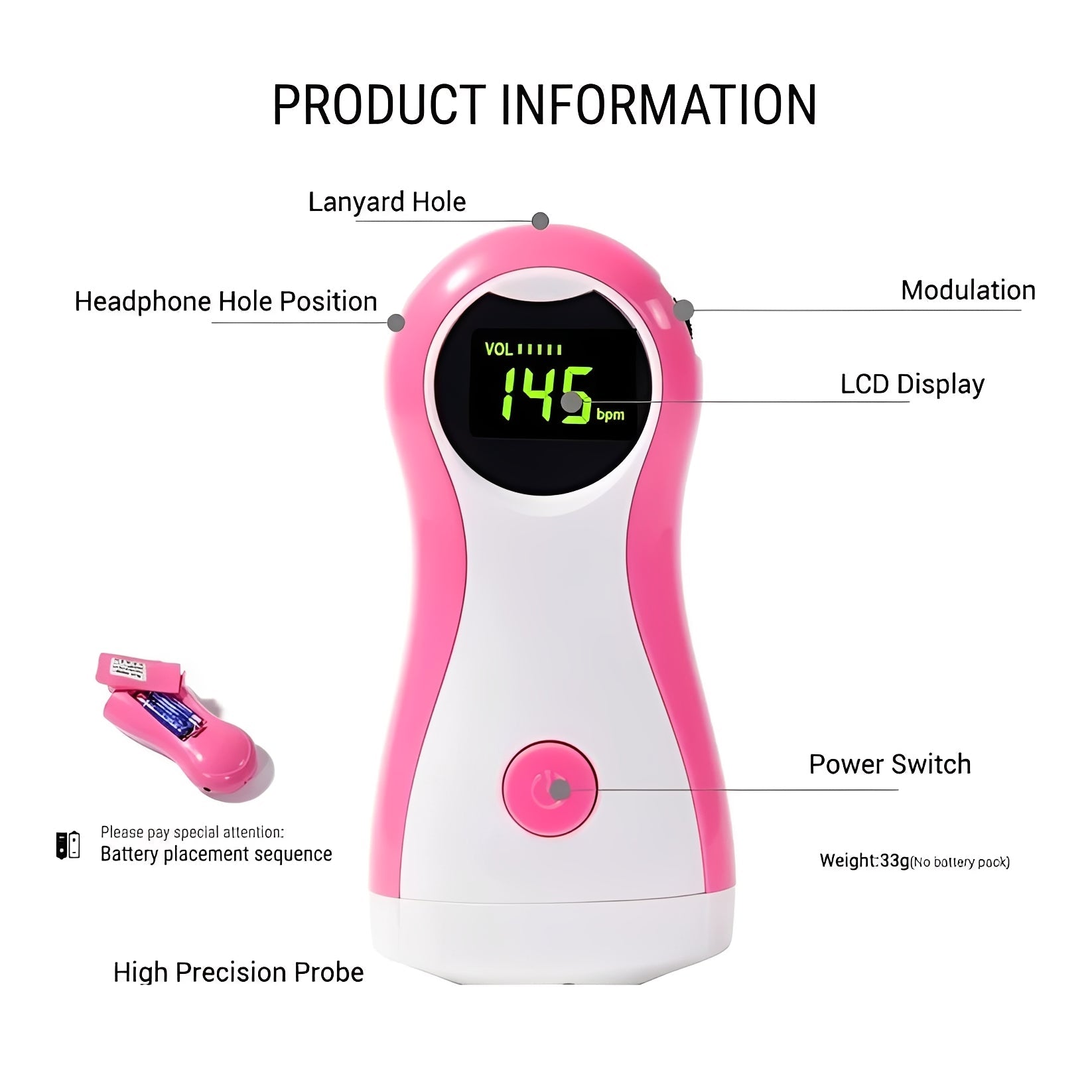Tragbarer Fetal-Doppler mit LCD-Anzeige und Kopfhöreranschluss