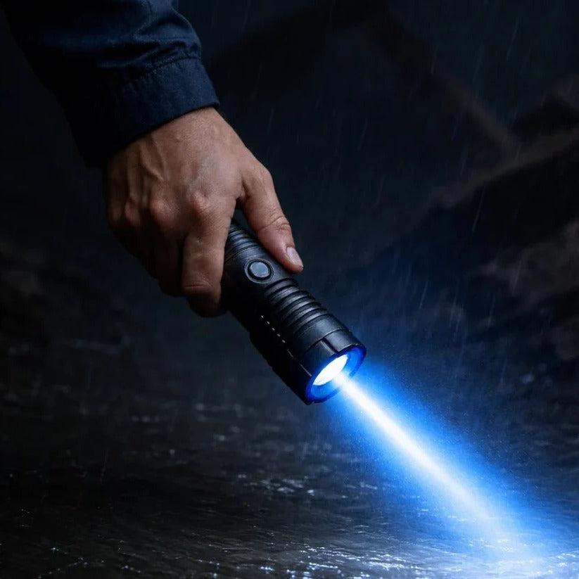 Rechargeable flashlight with adjustable focus and laser