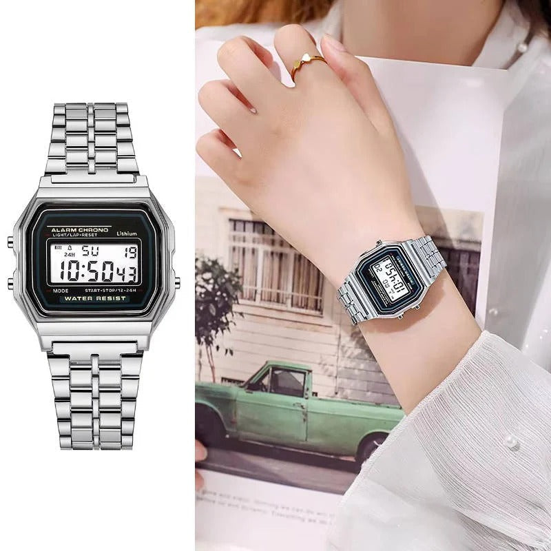 Classic digital watch in vintage style with stainless steel strap and LED display