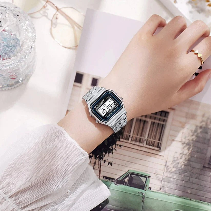 Classic digital watch in vintage style with stainless steel strap and LED display