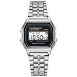 Classic digital watch in vintage style with stainless steel strap and LED display