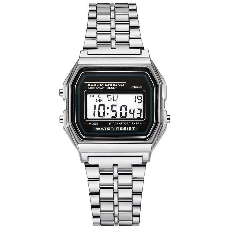 Classic digital watch in vintage style with stainless steel strap and LED display
