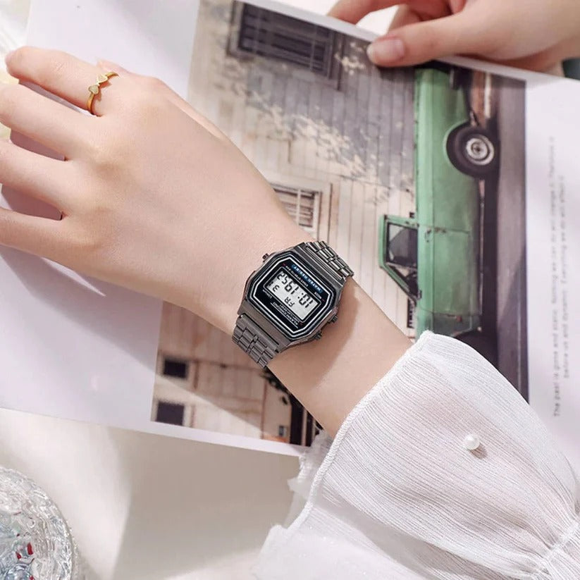 Classic digital watch in vintage style with stainless steel strap and LED display