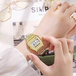 Classic digital watch in vintage style with stainless steel strap and LED display