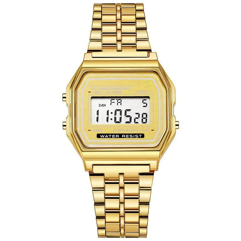 Classic digital watch in vintage style with stainless steel strap and LED display