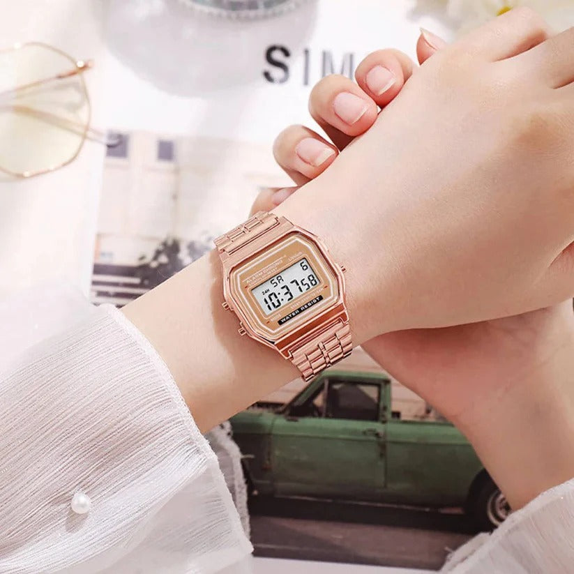 Classic digital watch in vintage style with stainless steel strap and LED display