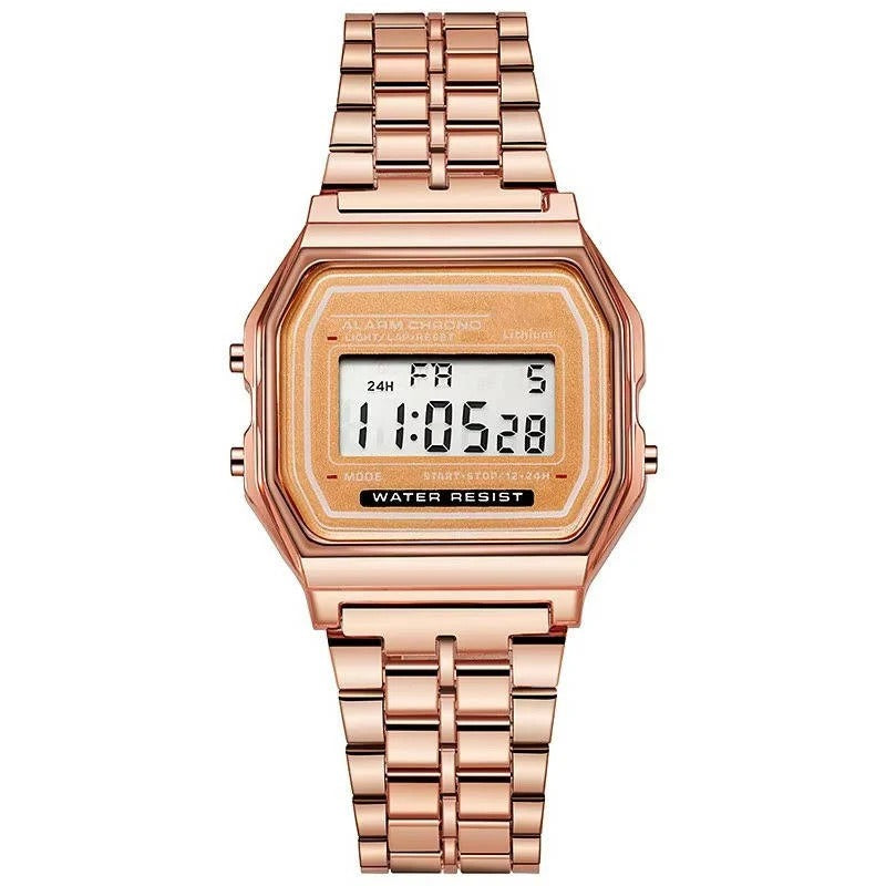 Classic digital watch in vintage style with stainless steel strap and LED display