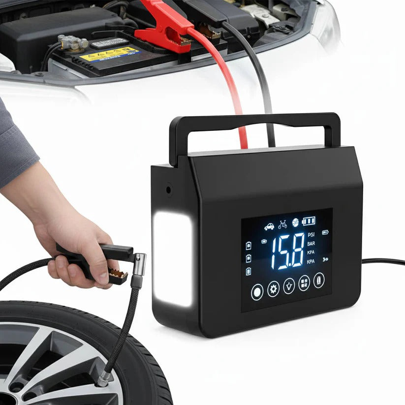 Portable Car Jump Starter with Integrated Air Compressor and Digital Display
