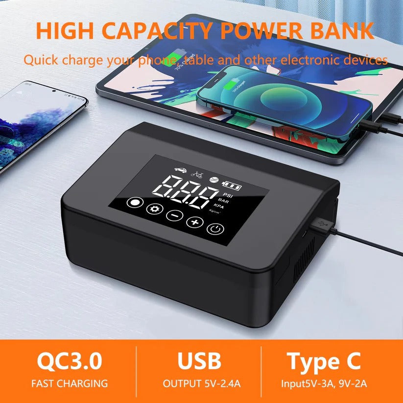 Portable Car Jump Starter with Integrated Air Compressor and Digital Display