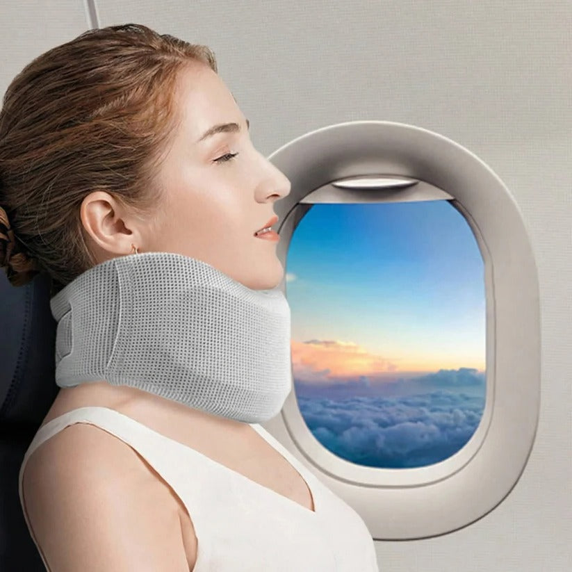Neck support for travel with breathable fabric and adjustable hook-and-loop fastener