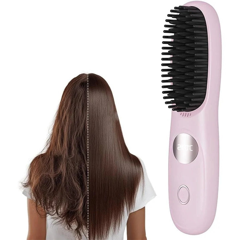 Portable Hair Straightener Brush with USB Rechargeable Battery and LED Display