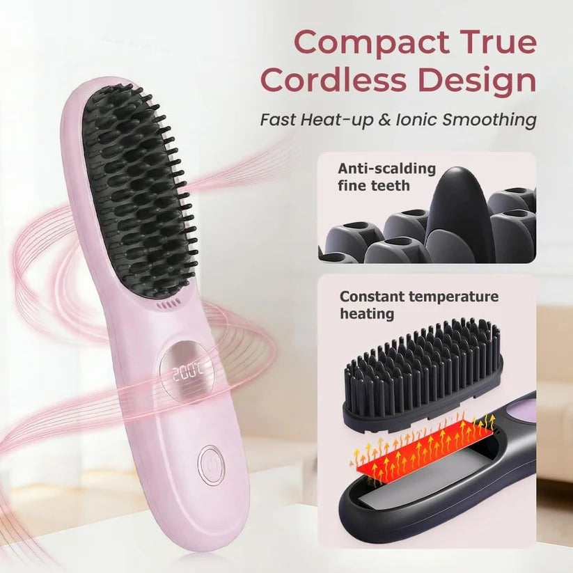 Cordless Hair Straightening Brush with LED Display and Three Temperature Settings