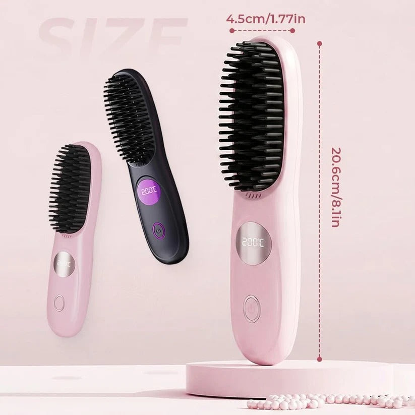 Cordless Hair Straightening Brush with LED Display and Three Temperature Settings