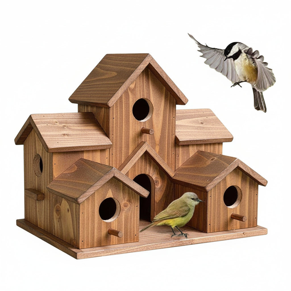 Elegantes Holzvogelhaus mit dekorativem Design für den Garten