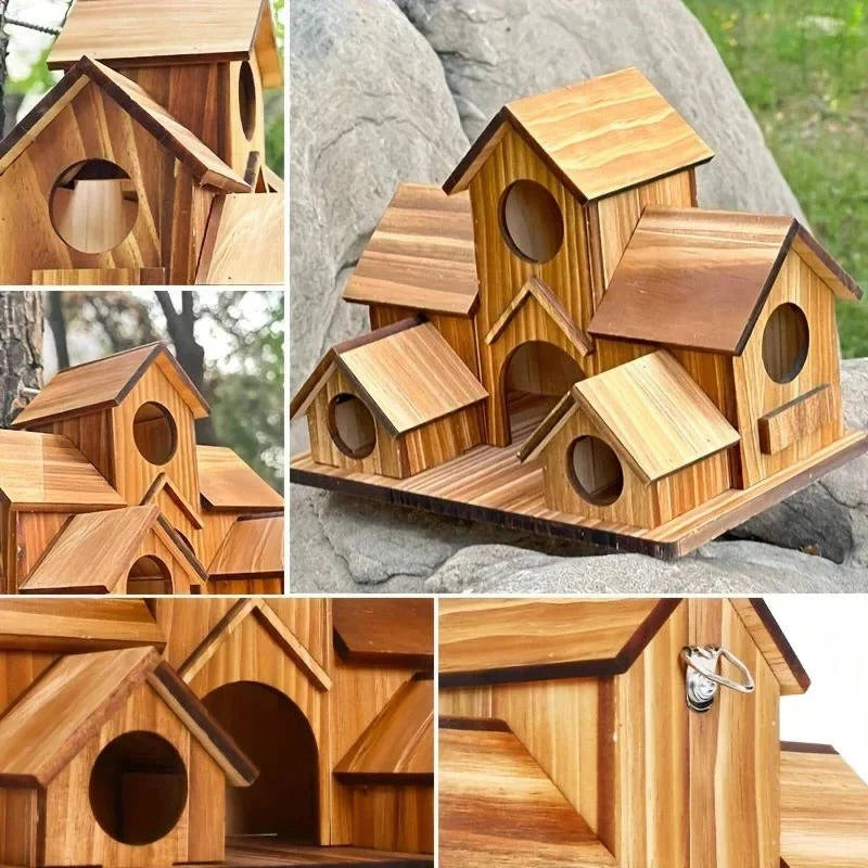 Elegantes Holzvogelhaus mit dekorativem Design für den Garten