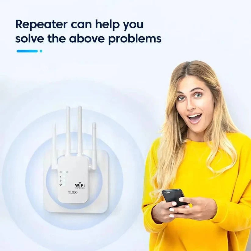 Dual-band Wi-Fi booster with 4 antennas and Ethernet port for optimized whole-home coverage
