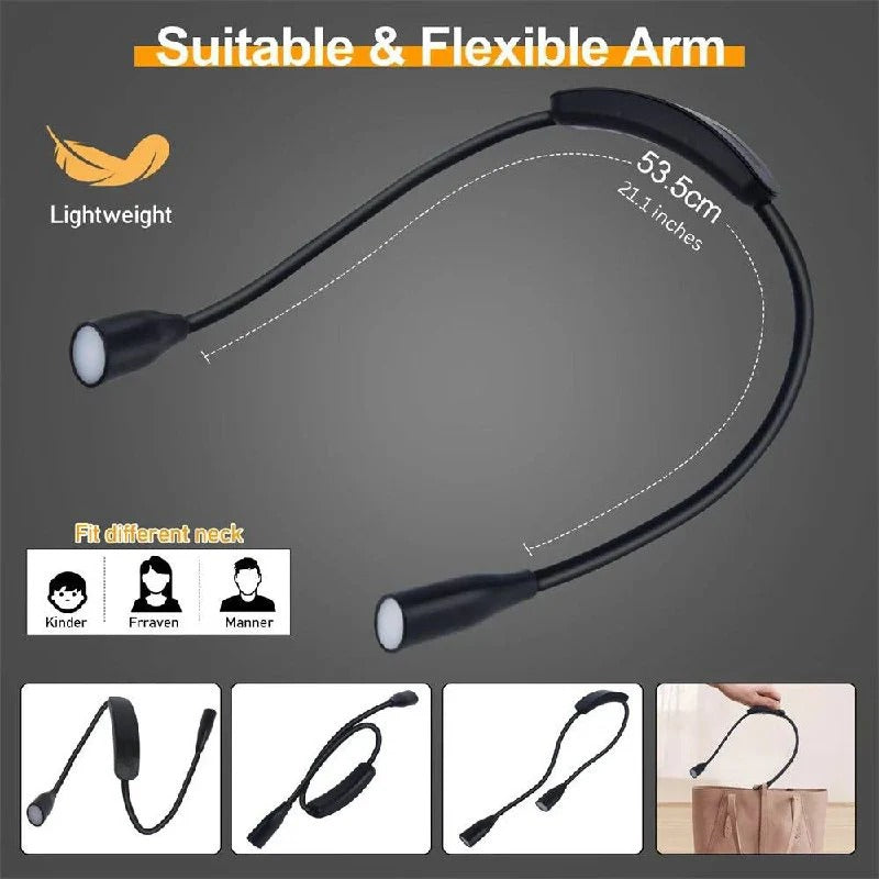 Flexible, rechargeable LED neck light for undisturbed reading